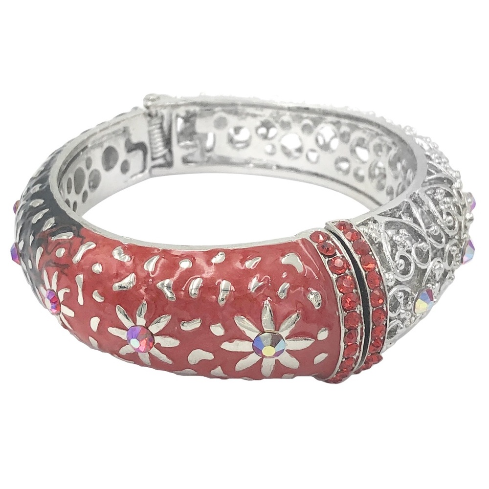 🔴 CLEARANCE Red to Black Ombré Enamel Rhinestone Silver Hinged Bangle Bracelet